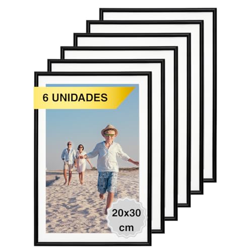 MARCOFOTO Set de 6 Marcos de Fotos 20x30 cm – Marcos de PVC Negros con Cristal Transparente – Para Fotos, Diplomas o Posters – Decoracion Moderna para Hogar y Oficina