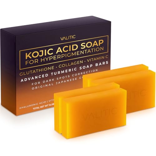 VALITIC Kojic Acid Soap for Hyperpigmentation - with Glutathione, Collagen & Vitamin C - Advanced Soap Bars with Turmeric - Original Japanese Complex for Dark Spot Correction - 4 Pack