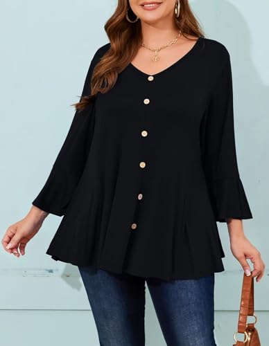 LARACE 3/4 Length Sleeve Plus Size Tops for Women, Women's Tunic Top to Wear with Leggings, V-Neck T-Shirts Fall Clothes3