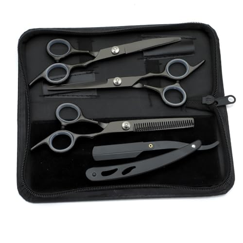 Kit Profissional com 3 Tesouras para Cabelo, Fio Navalha e Desfiadeira, Preta com Estojo