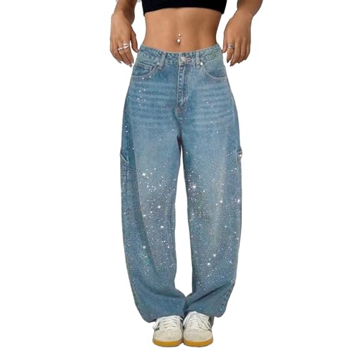 High Waisted Baggy Jeans for Women Rhinestone Diamond Straight Loose Jeans Fashion Vintage Boyfriend Denim Pants Light Blue by Djeanxa - Used condition - US$31.45