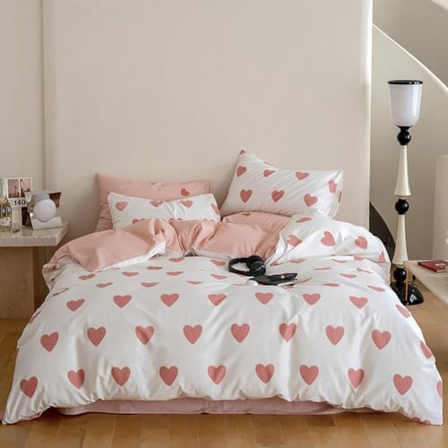 Nayoroom Bettwäsche 135x200 Mädchen Rosa Herzen Bettbezug Kissenbezug 80x80 | ÖKO-TEX, Rosa Weiß Wendebettwäsche, Herzchen, für Kinder Teenager, Microfaser, Reißverschluss