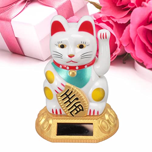 Tefola Decoración de Gato de la Suerte Chino, Brazo ondulante Gato de Fengshui de la Suerte, figurita de Estatua de inducción de luz Solar para Adornos de Coche para el hogar(MLY360C White)