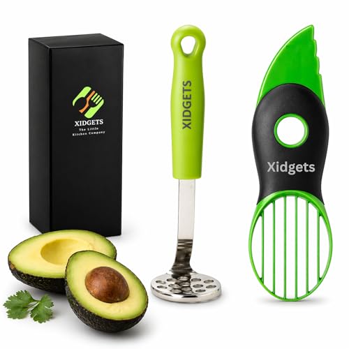 2pc Avocado Tool Set in Box - 3-in-1 Avocado Slicer with Cutter & Pit Remover + Mini Masher - Kitchen Utensil Gift Set for Guacamole Lovers by Xidgets (Zippy Green/Zippy Green)