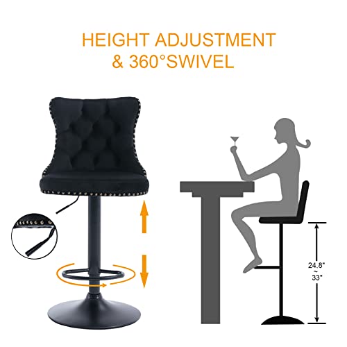 Velvet Bar Stools Set Of 2, Adjustable Counter Height Bar Stools With Backs And Nailheads Trim, Swivel Upholstered Bar Chairs For Kitchen Island, Home Bar, Black #TOP2
