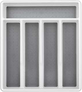 Herogo Cutlery Tray, 5 Compartments Cutlery Organiser, Plastic Drawer Organiser for Home Kitchen Office, Anti-Slip Utensils Tray for Spoon Fork Knife, 32.5x29x4.5cm (A-Plastic White Grey)
