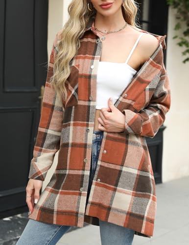 HOTOUCH Womens Flannel Jacket Long Plaid Shacket Casual Snap Button Tartan Trench Coat Long Sleeve Shirts with Pockets4