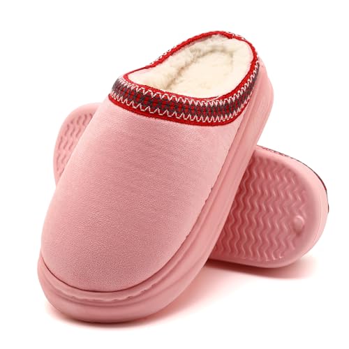 Image of Yueerlu Slippers for Women Men Women Slippers Platform EVA Sole Warm Fluffy Faux Fur Lined Suede Short Ankle Boots Memory Foam Shoes for Women Non Slip, Suede Pink, 8.5/9 UK