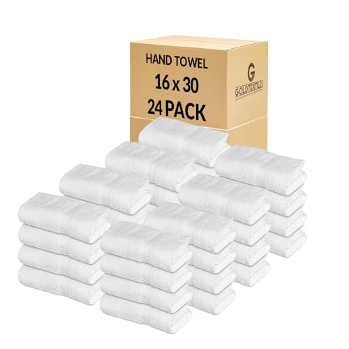 GOLD TEXTILES 24 Pack Premium White Hand Towels 16x30 inches - 100% Ring Spun Cotton Soft Absorbent & Quick Dry, Large Bathroom Hand Towel Perfect for Hotel, Salon,Gym & Spa (16 x 30, White - 24 Pcs)