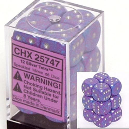 Chessex Dice d6 Sets: Silver Tetra Speckled - 16mm Six Sided Die (12) Block of Dice