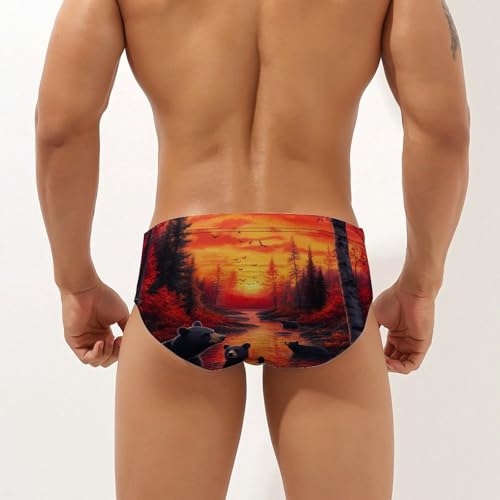 Black Bears Family Sunrise Forests Printed Swim Briefs for Men Sexy Bikini Swimwear Elastic Beach Trunks Bathing Suit3