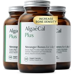 ALGAECAL Organic Red Algae Calcium Supplement for Bone Density & Strength, Vitamin K2 MK7 (100mg), Vitamin D3 (1600 IU), Magnesium (350mg) & Trace Minerals, Easy to Swallow, 120 Veggie Caps, 3 Packs