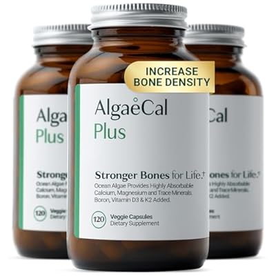 ALGAECAL Organic Red Algae Calcium Supplement for Bone Density & Strength, Vitamin K2 MK7 100mg, Vitamin D3 1600 IU, Magnesium 350mg & Trace Minerals, Easy to Swallow, 120 Veggie Caps, 3 Packs