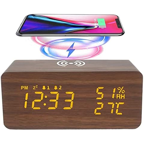REDGO Wood LED Digital Alarm Clock, Table Clock with Wireless Charging, Date Temperature Display, Adjustable Brightness, Voice Control, with USB Cable for Bedrooms, Office Cover
