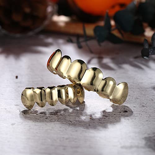 Krfy Gold Grills For Your Teeth 18K Gold Plated Hip Hop Teeth Grillz Custom Fit Polished Teeth Grillz For Men And Women Molding Bars Rapper Costume #TOP3