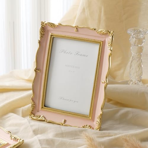 4x6 Vintage Picture Frame Pink and Gold Photo Frame, 4 by 6 Picture Frames Ornate Textured Hand-Crafted Resin with Glass Front for Tabletop Display, Retro Design Home Decor