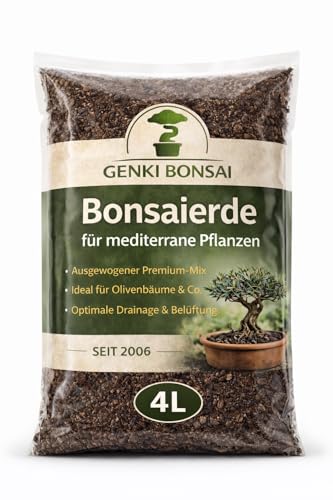 GENKI BONSAI Mediterrane Erde 4L - mineralisches Substrat für Olive, Granatapfel & Co. - sehr durchlässig, ideal für Kübelpflanzen, Winterquartier & trockene Standorte im Mittelmeerstil