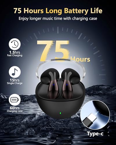 Image of Wireless Earbuds, 5.3 Headphones 40Hrs Playtime with Charging Case, Waterproof Stereo in-Ear Earphones with Microphone for iPhone Android Cell Phone Sports Workout, Black