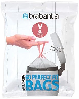 Brabantia IdealFit Bin Liners (Size W/5 Litre) Ideal Quality Thick Plastic Trash Bags with Tie Tape Drawstring Handles (60 Bags)