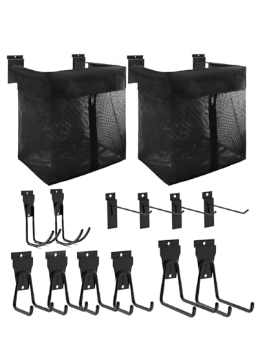 14 PCS Slatwall Accessories Kit – 2 Pack Large Mesh Slatwall Baskets with Front Zipper & 12 Pack Heavy Duty Slat Wall Hooks, Garage Storage & Organizer for Sports Gear, Toys, Tools