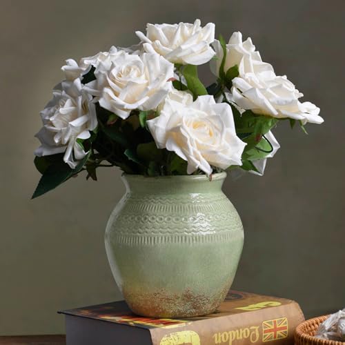Quoowiit Ceramic Rustic Farmhouse Vase, Green Distressed Flower Vase for Home Decor, Boho Decorative Vases for Centerpiece Table Decorations, Vases for Living Room Kitchen Entryway Mantle Shelf Decor