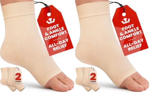 Image of KEMFORD Ankle Compression Sleeve - 1-Pair, Plantar Fasciitis Braces - Open Toe Compression Socks for Swelling, Sprain, Neuropathy, Foot Arch Support for Men and Women - 20-30mmhg, L, Beige (Pack of 2)