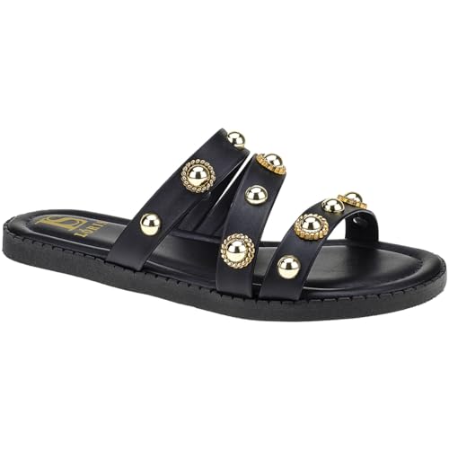 Sandália Rasteira de Tiras em Z com Rebite Dourado Feminina Palmi...