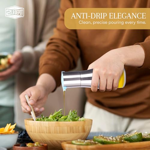 2LB Depot Oil and Vinegar Dispenser Set - Brushed Steel & Glass Containers with Anti-Drip Spout Lid - Easy-Clean - Olive Oil Dispenser Bottle - Minimalist Kitchen Accessory - 7.1\"H x 2.7\"L x 2.7\"W