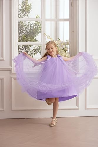 Ruffle Swing Tulle Dress Halter Neck Sleeveless A Line Bow Dress 4-8 Years4