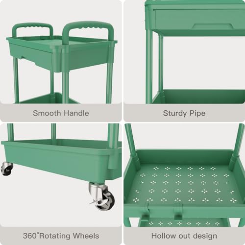 Image of REBECAT 3 Tier Rolling Utility Cart with Drawer,Rolling Storage Cart,Storage Cart for Kitchen,Bathroom,Living Room, Organizer with Iron Wheels(Green)