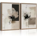 2Pcs Framed Black and White Flower Abstract Wall Art Modern Neutral Canvas Prints Posters Pictures Gallery Wall Decor Living Room Bedroom Office Apartment 12X16 Inch Ready to Hang