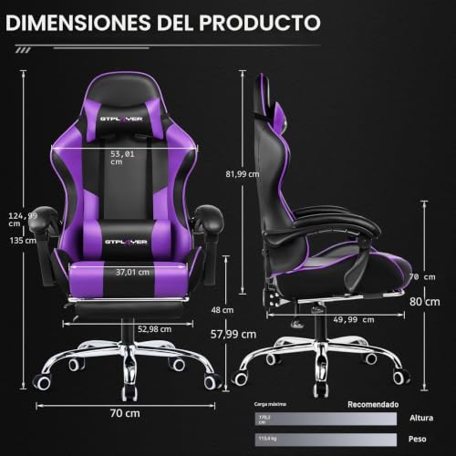 Miniatura 3 de Gtplayer Silla Gaming Con Masajeador Ergonómica Silla Gamer Con Reposapiés Reposacabeza Soporte Lumbar Silla Juego Ajustable En Altura Con Asiento Giratorio Para Oficina O Juegos Morado