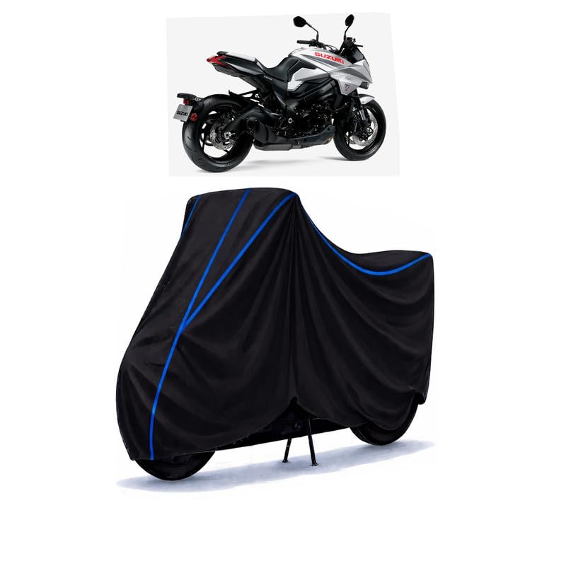 Image of Suzuki Katana 1000 Bike Cover Water Resistant Universal Motorcycle Rain | Heavy Duty UV Protection, Dust, Scratch Indoor Outdoor All Weather with Black Blue Piping Elastic
