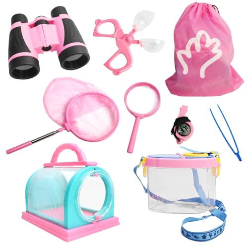 Bug Catcher for Kids Explorer Kit Kids Bug Catching Kit, Bug Catcher Kit for Kid with Binoculars, Magnifying Glass, Butterfly Kit for Girls Aged 3+(Pink)