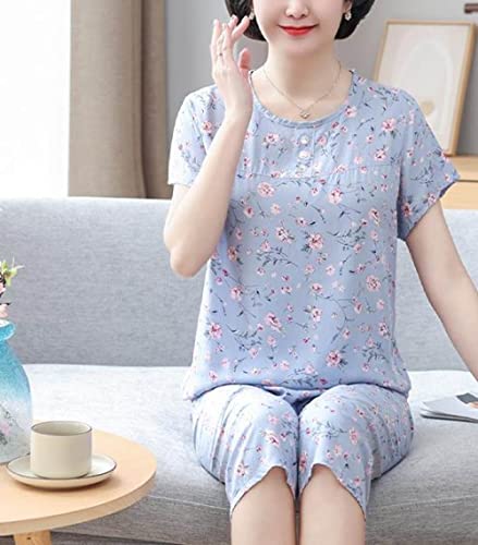 SNPP Été Pyjama Femme,Ensemble De Pyjama pour Femme, Pyjama Deux Pièces Ample, Motif Floral Bleu À Manches Courtes Et Pantalon Court, Vêtements De Détente Doux, Cadeau De Pyjama Mère,L