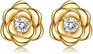 Silver Earrings for Women - Sterling Silver Flower Stud Earrings | Cubic Zirconia Stud Earrings, Dainty Rose Flower Earrings Jewellery for Girls Hypoallergenic Studs Birthday Chritsmas Gifts