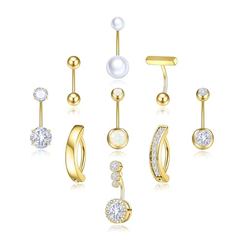 Gold/Silver Belly Button Rings Hypoallergenic,Surgical Stainless Pink CZ Opal Pearl Heart Butterfly Bow Flower Piercing Kit,Cute Dangle Belly Button Navel Pack Jewelry