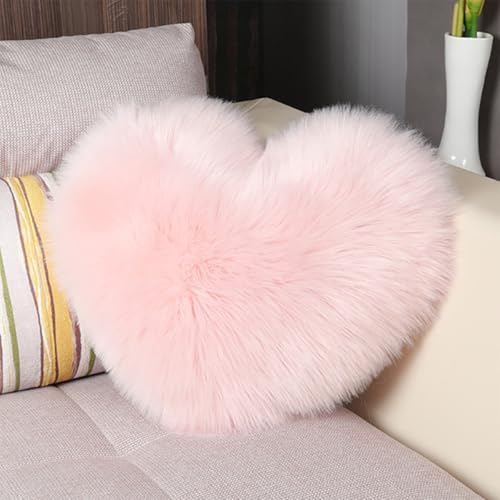 Coussin déco de salon cocooning en forme de cœur rose moelleux - 8