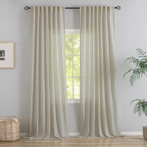 132 Inch Length Real Flax Linen Curtains for High Ceiling Villa Living Room -2 Panels Hanging Back Tab Hooks Pleated Privacy Non See Through 11FT Extra Long Vintage Curtains for Hote Window Beige Tan