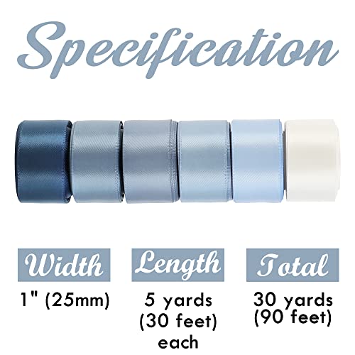 Huihuang Dusty Blue Ribbon Set Double-Faced Satin Ribbon 1 Inch Dusty Blue Wedding Ribbons For Flower Bouquet Wedding Bridal Shower Baby Shower Decor Hairs Gift Wrap Crafts- 6 Color X 5 Yards Each #TOP1
