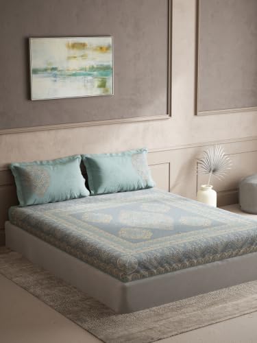 Image of DDECOR Live Beautiful 100% Pure Combed Cotton King Flat Bedsheet with 2 Pillow Covers | Ethnic 145TC | Soft, Comfortable & Perfect for Everyday Use | Souvenir Collection | 254 CM X 274 CM - Blue