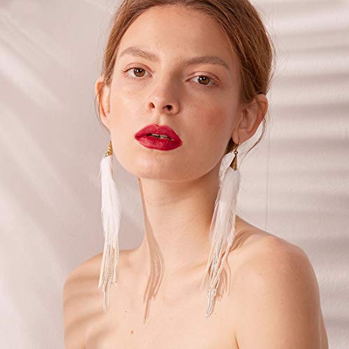 Fashion White Faux Leather Real Feather Earrings Dangle Drop Long Tassel Handmade For Women Girls (White) #TOP5