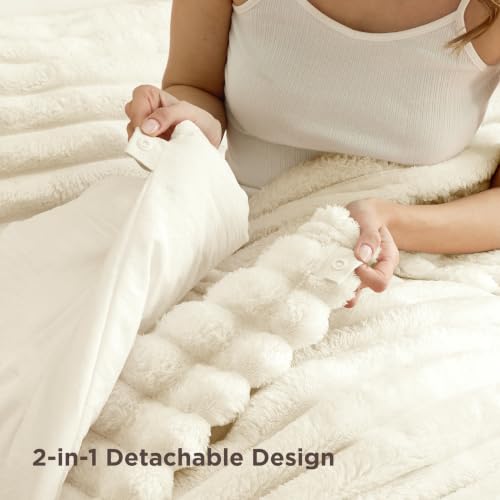 Image of Bedsure Gentlesoft 2-in-1 King Size Comforter Set and Detachable Fluffy Blanket, Cream White Bedding Set For All Season Use, Detachable Design for Space Saving (Includes 2 Pillow Shams, 2 Pillowcases)