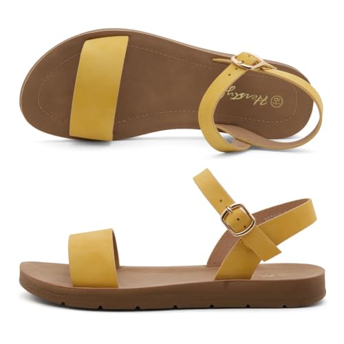 Image of Herstyle Flat Sandals for Women - Open Toe 1 Band Ankle Strap Summer Dressy Sandals, Lightweight Casual Strappy Slip-On Flats with Adjustable Buckle