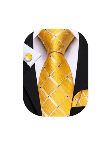 Image of Barry.Wang Mens Tie Set Plaid Check Neckties Formal Business Wedding Luxury Pocket Square Cufflinks