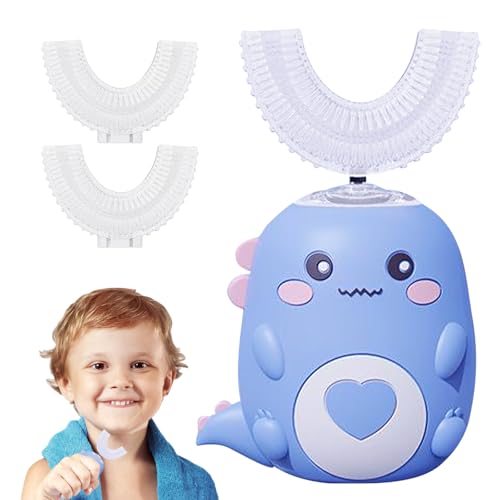 Spazzolino elettrico per bambini, a forma di U, con design Dino e IPX7, impermeabile, 2 velocità, 3 testine, timer 60s, USB ricaricabile per 2-12 anni (blu/2-6 anni)
