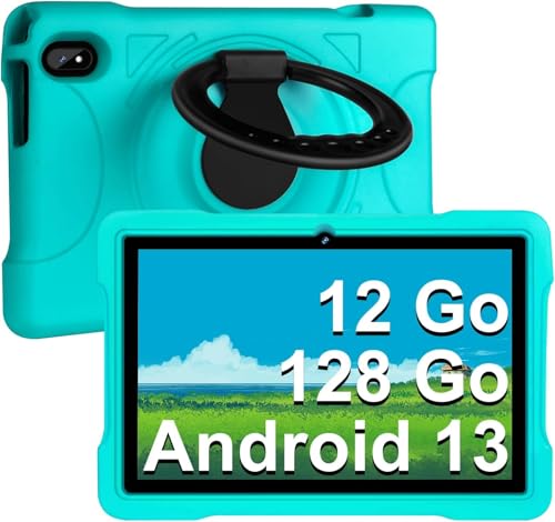 fezawio - Tablet para niños de 10 Pulgadas, Android 13, 12 GB (6 + 6) RAM 128 GB ROM Extensible a 512 GB | Control Parental | Educación de los niños | Cámara Dual | 5G WiFi | Eva Cover - Verde