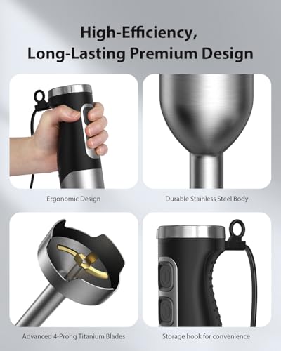 Powerful Immersion Blender 1000W, 2025 Hand Blender with 25 Speed Copper Brushless Motor and Heavy Duty, 4 in 1 Hand Mixer with Chopper, Whisk, Beaker and - Image 7