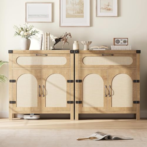 GarveeHome Rattan Sideboard Buffet Cabinets with Storage, Farmhouse Kitchen Accent Storage Cabinet with Drawer, Boho Wooden Coffee Bar Cabinet for Dining Room, Living Room, Hallway, Natural