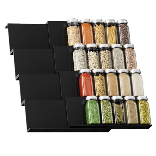 Exabang Juego de 8 Especiero Cajon, Organizador de Especias Extensible de 30 cm a 60 cm, Organizador de Estante Botes Especias Estanteria Bambu para Cocina, Armario, Encimera, Estante (Negro)
